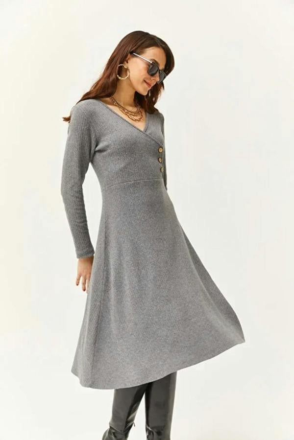 Hoxton Gal Double-Breasted Midi A-Line Dress with Button Details