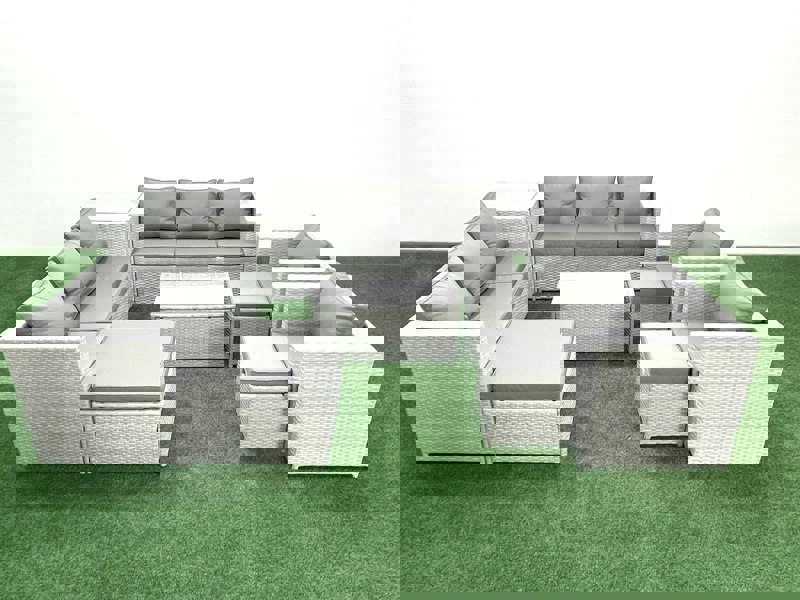Fimous Outdoor Rattan Sofa Garden Furniture Set with 2 Armchairs Oblong Coffee Table 3 Footstools Side Table Light Grey Mixed