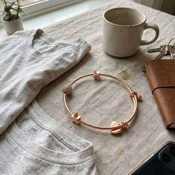 The Colourful Aura Rose Gold Plated Brass Star Heart Charm Adjustable Bangle Bracelet