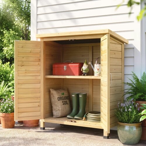 Outsunny Garden Storage Shed Solid Fir Wood Garage Organisation w/ Doors Natural