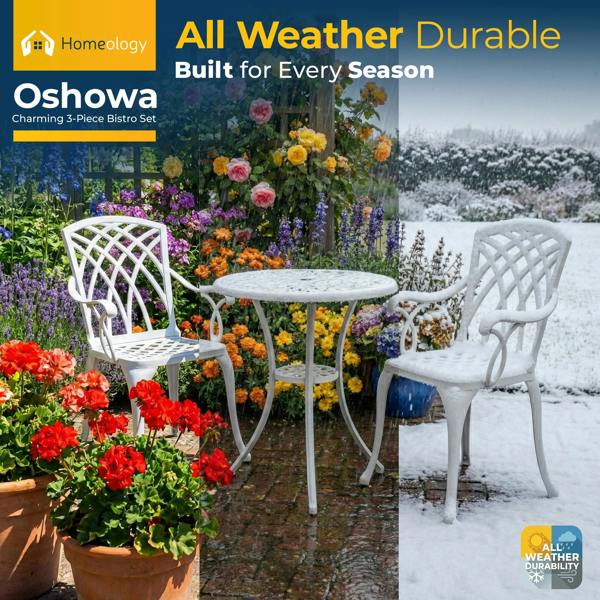 Homeology OSHOWA White Aluminium Weatherproof Outdoor Table and 2 Comfortable Chairs with Armrests Bistro Set
