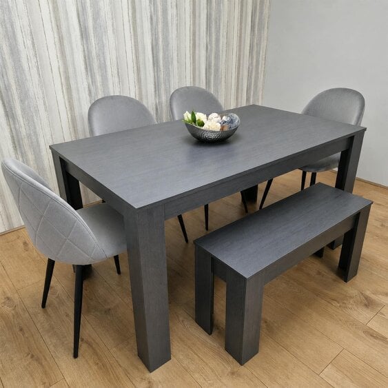 Kosy Koala Dark Grey Arrow Pattern Dining Table Set with 4 Grey Velvet Chairs & Bench, 140x80x75cm