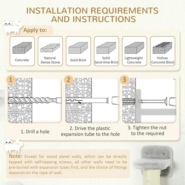 Mounting guide for grey wall-mounted cat tree showing installation steps