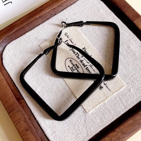 The Colourful Aura Black Square Geometric Large Dainty Threader Statement Hoop Earrings
