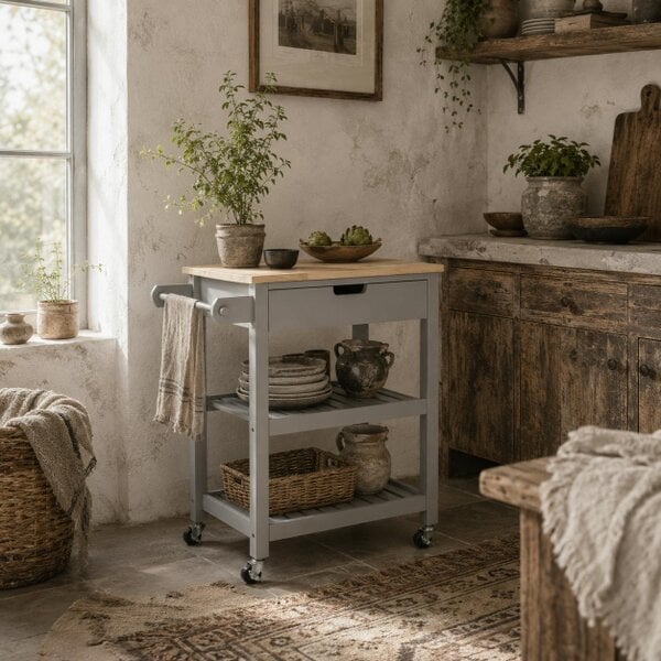 Wyld Haus Vena Wooden Grey and Natural Kitchen Trolley With Worktop Drawer And Shelves