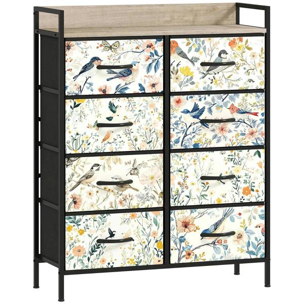 8-drawer chest of drawers with black frame and floral bird printed drawer fronts