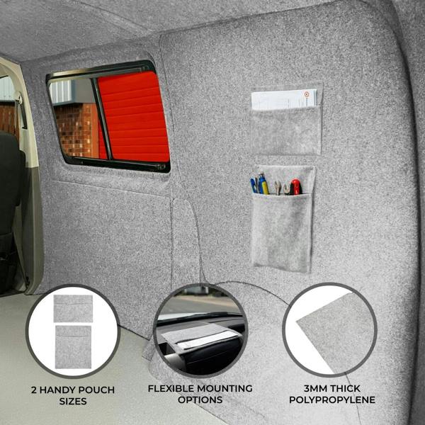 Silver grey storage pouches made of 3mm thick polypropylene, featuring two sizes and flexible mounting options for organization