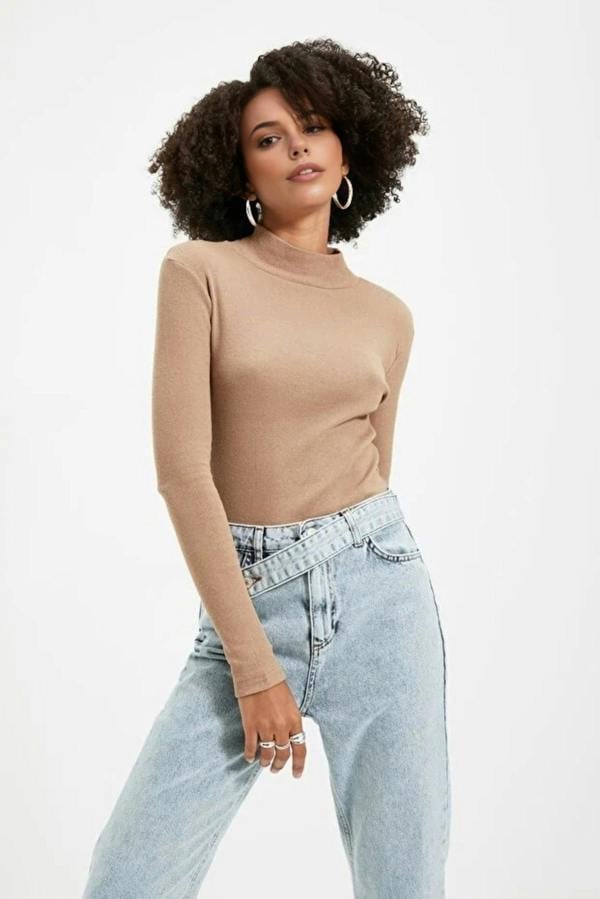 WOVCOR Fitted Stand Collar Long Sleeve Ribbed Knit Blouse