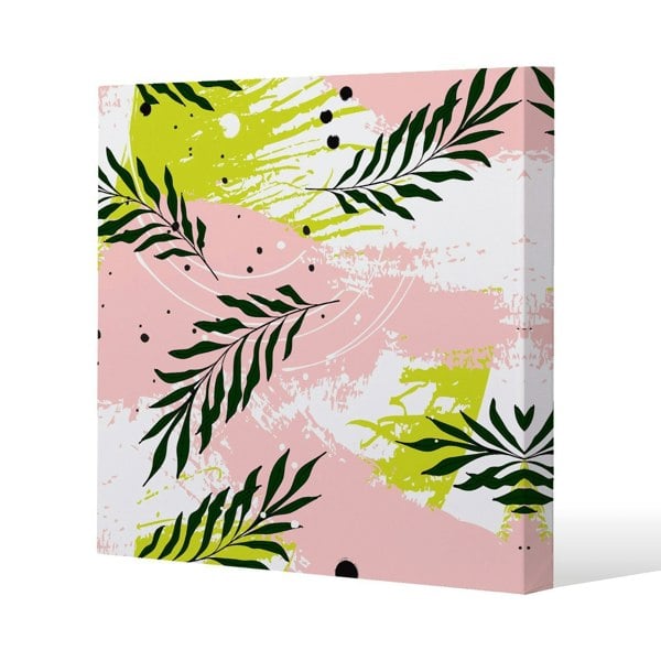 Benjamin Tate Design Green Leaves on Brush Strokes Slim Style Canvas Print  20x20cm , 15mm Slim Real wood.