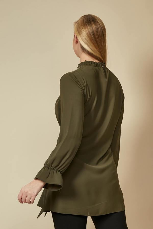 Hoxton Gal Oversized Tie Ruffle Neck Top with Tie Waist Detailed in Khaki