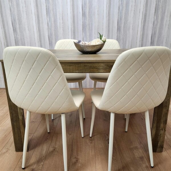 Kosy Koala Wooden Dining Table with 4 Cream Gem Patterned Chairs Rusteic Effect Table with Cream Chairs