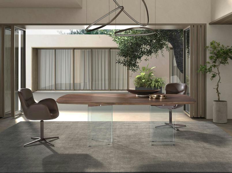 Angel Cerdá Oval barrel dining table in walnut and tempered glass 1191