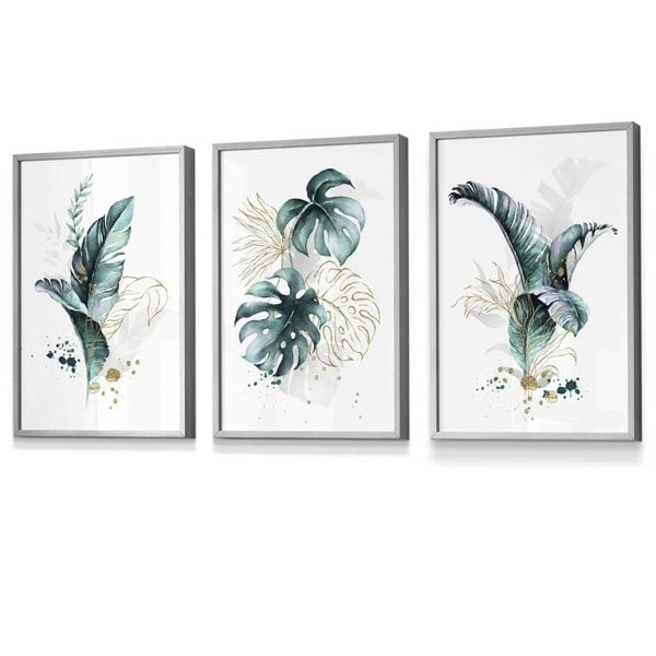 Artze Wall Art Teal Blue and Gold Botanical Set of 3 Floral Framed Prints