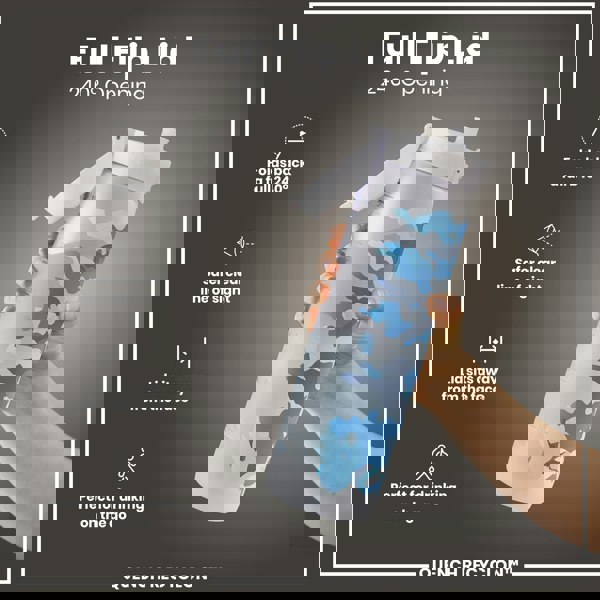 A water bottle with a full flip lid, is being held, against a gray background. The lid folds back 240°. The bottle features a blue and gray camouflage design, and the text “QUENCH RECYCLON™” is visible.