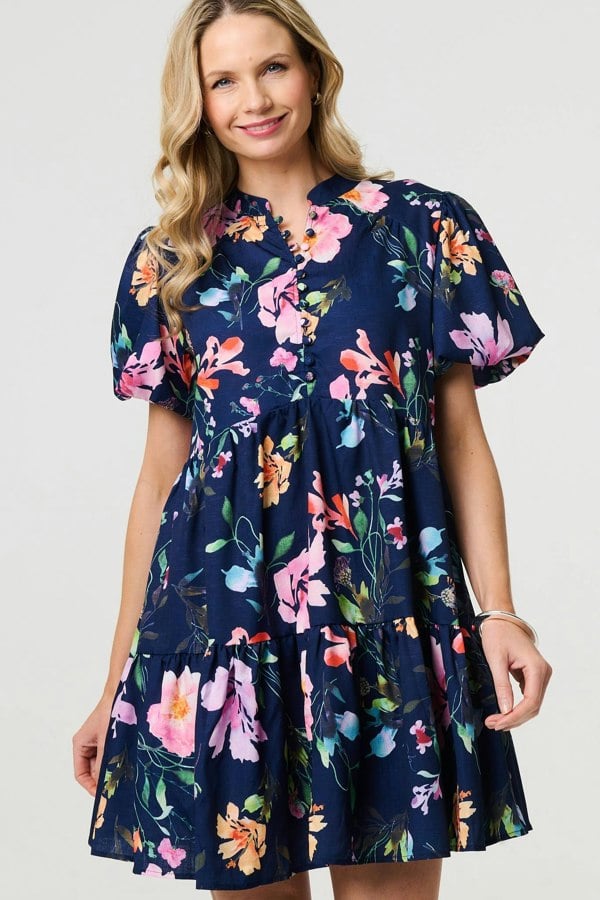 Blue | Floral High Neck Puff Sleeve Mini Dress
