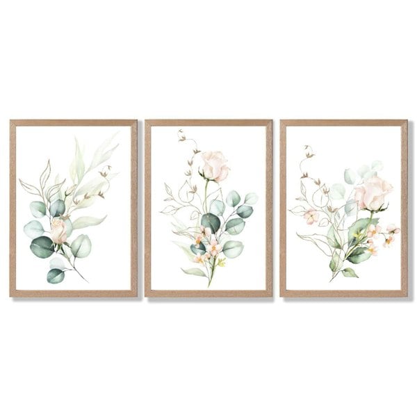 Pink Floral Roses Set of 3 Framed Art Prints with Light Oak Frames