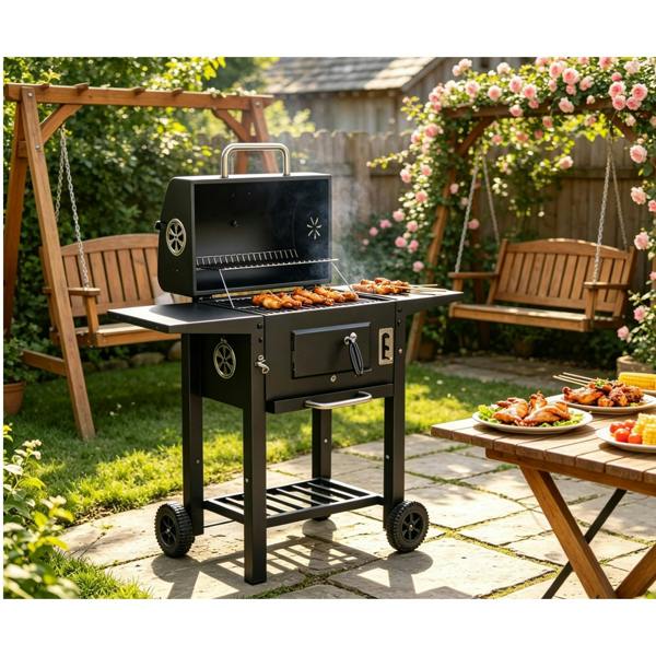 Gr8 Garden Large Portable Charcoal BBQ Grill with Warming Rack Outdoor Garden Steel Smoker BBQ Cooker