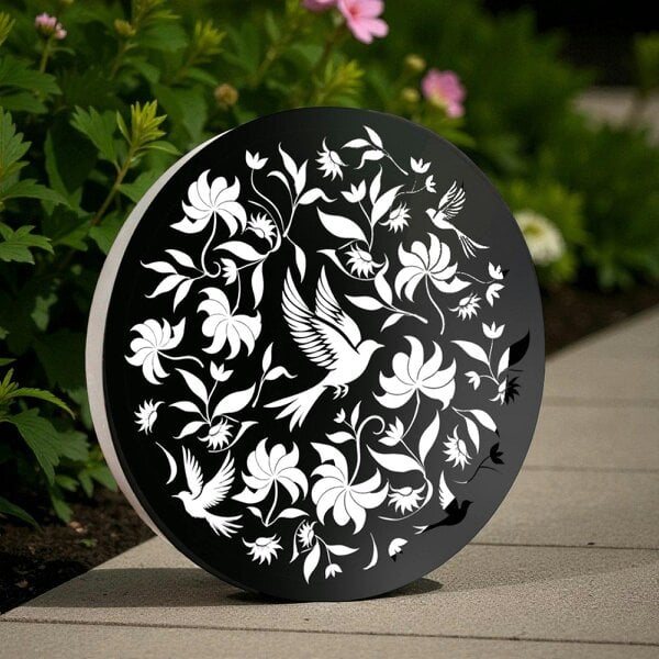 EDH Door Hardware Round Solar Wall Panel with Birds, Outdoor Metal Wall Art with LED Light, Weatherproof Garden & Patio Décor
