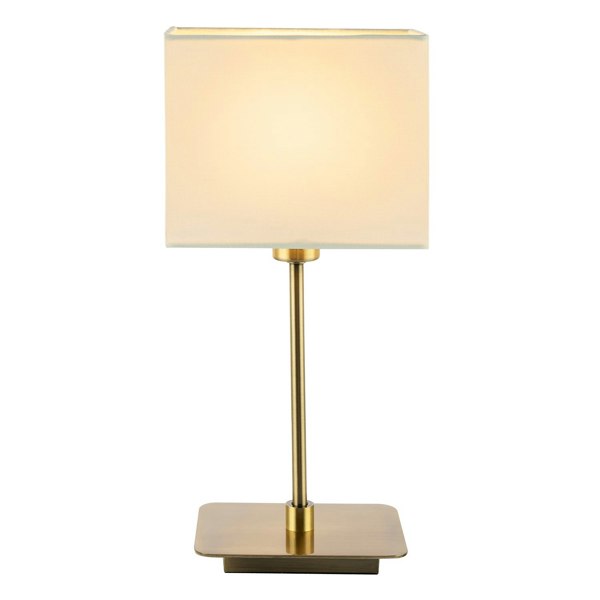 Contemporary Antique Brass Bedside Table Lamp with White Cotton Fabric Shade Image 4