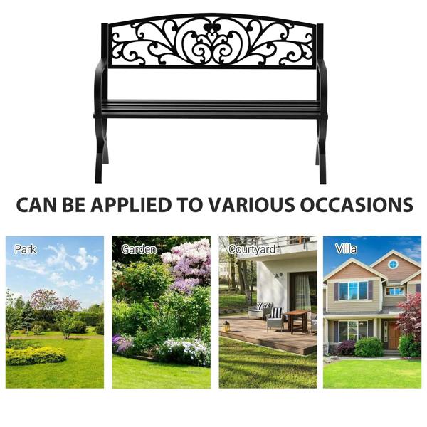 Black powder-coated steel garden bench with decorative scroll back and flat slat seat