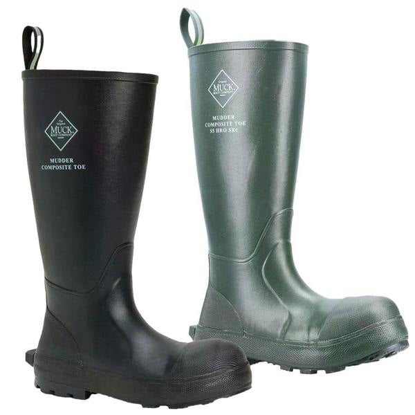 Muck Boots MUCK Boots Mudder S5 Mens Steel Toe Stable Farm Tall Wellington, image of two tall waterproof steel toe work boots, one black and one green, designed for farm and outdoor work.