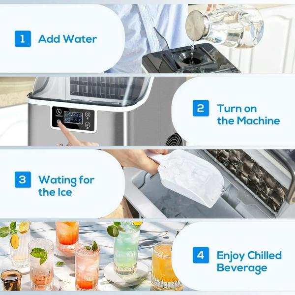 Silver-tone ice machine being operated at the front panel while ice is dispensed