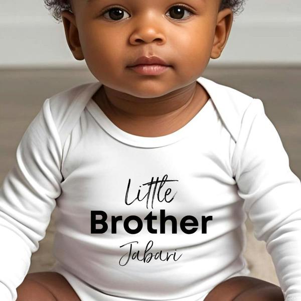 Personalised Black Little Brother Baby Grow, Vest or Bib with Name