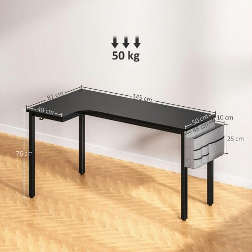 Wyld Haus Monotta 145cm Metal Black L Shaped Gaming Desk With Cable Management Fabric Storage and Hooks