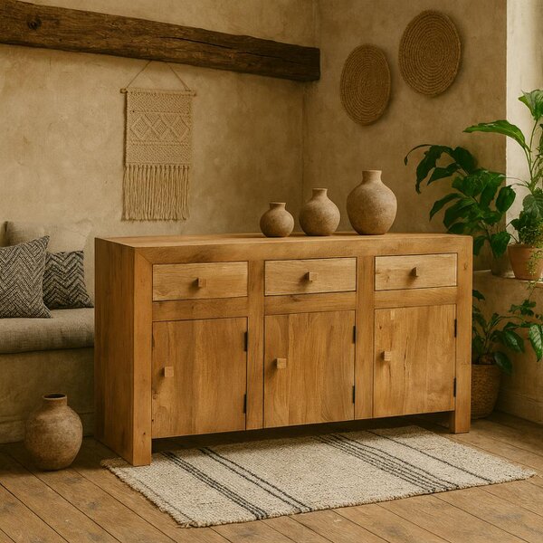 Wyld Haus Manila Light Mango Wood Large Sideboard 3 Drawers 3 Doors