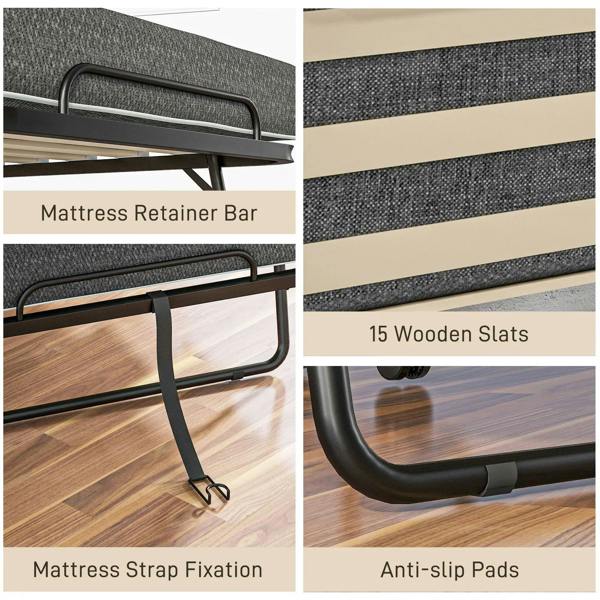 Folding bed support details: mattress retainer bar, slats, and anti-slip pads