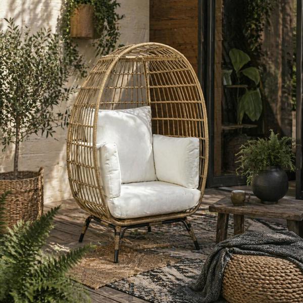 Wyld Haus Tasudo Natural String Rattan Egg Chair With White Cushions And Pillows