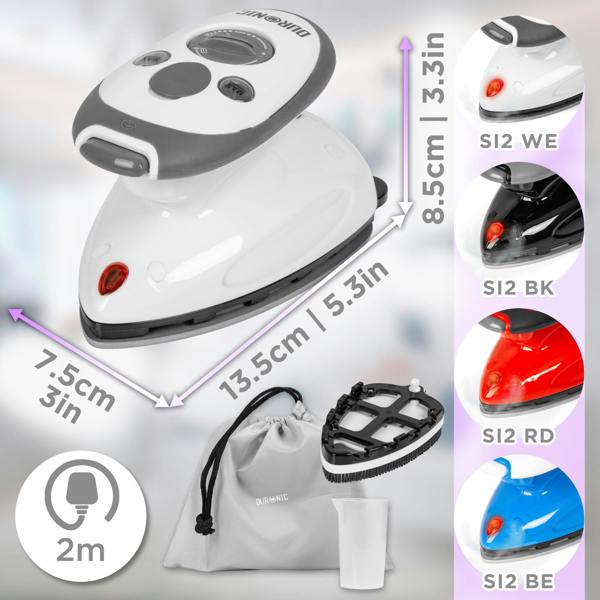 Duronic SI2 WE Mini Travel Steam Iron 375W White 50ml Variable Temperature for Holidays Quilting & Crafts