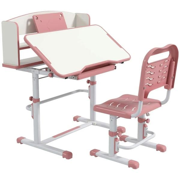 Pink kids height-adjustable study table and chair set with drawer and storage shelf