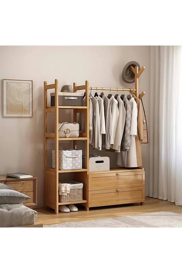 Living and Home Freestanding Bamboo Clothes Rack Garment Rack with Storage Shelves Coat Hanger