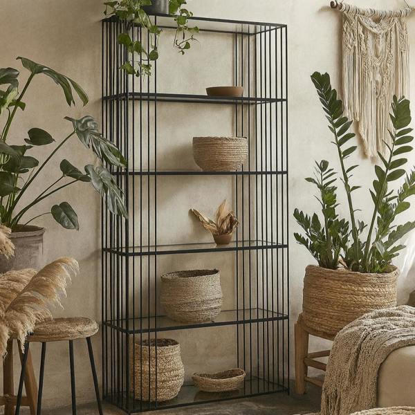 Wyld Haus Memphis Minimalist Black Metal Slim Shelving Unit With Glass Shelves