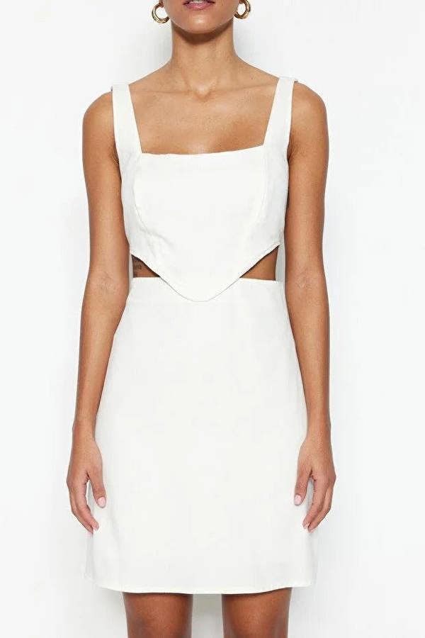 WOVCOR A-Line Mini Cotton Waist Cut-Out Square Neck Lined Woven Dress