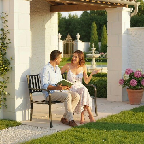 Wyld Haus Dosu Metal Black Outdoor Garden Bench Loveseat With Slatted Frame