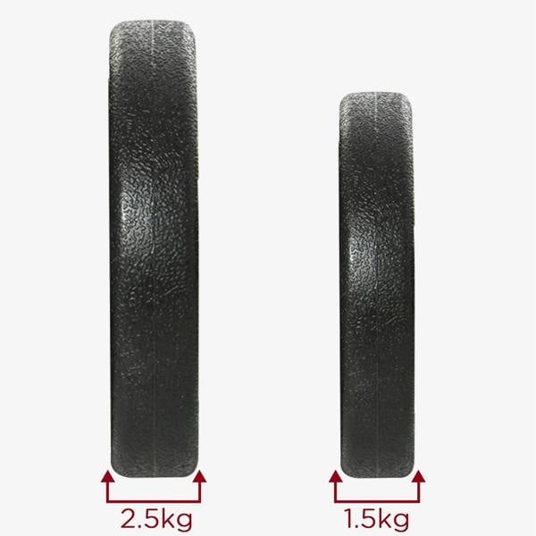 Black weight blocks for adjustable dumbbells, marked 2.5kg and 1.5kg