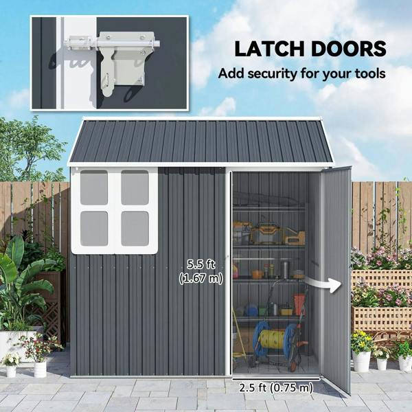 Dark grey garden shed with latch door and open entry to storage area