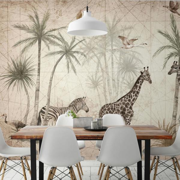 Grandeco Animal Jungle Giraffe and Zebra 7 panel Mural 3.71 x 2.8m, Beige