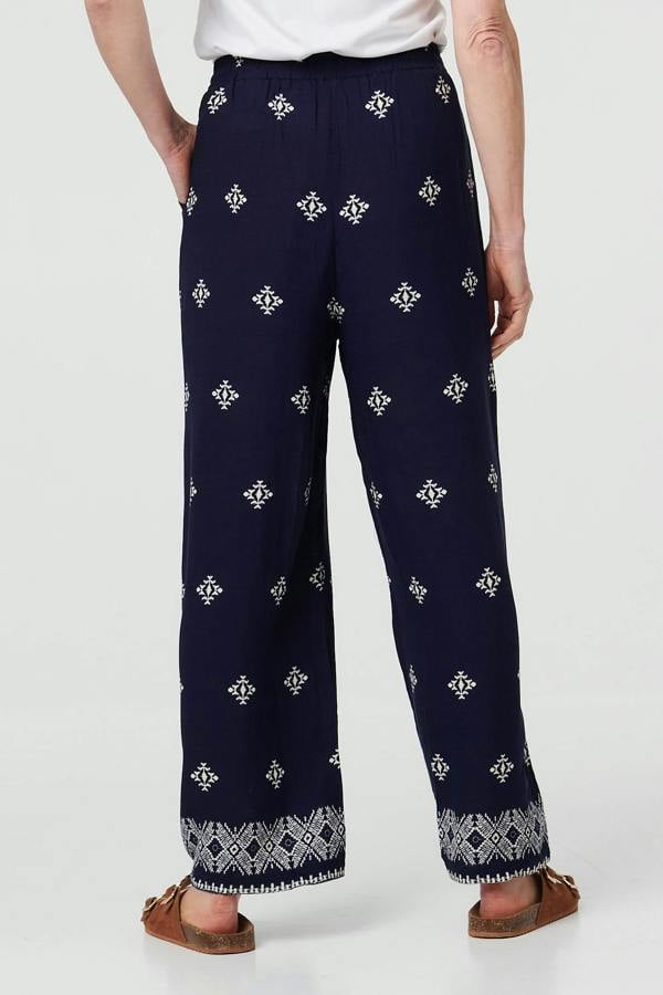 Navy | Printed High Waist Drawstring Trousers