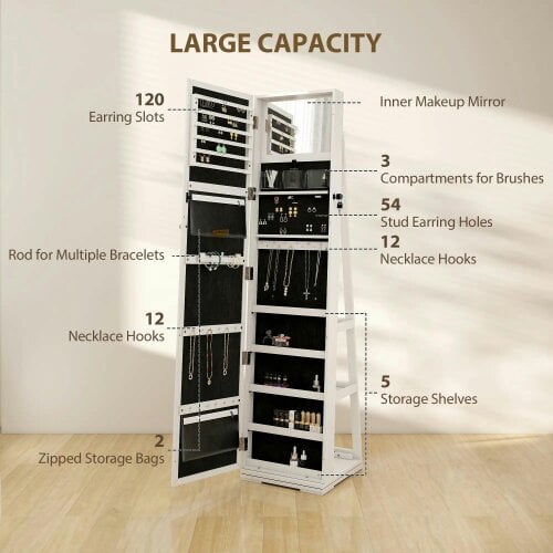 Bobobiy 360° Swivel Jewellery Cabinet, Lockable Jewellery Organiser with Built-in Makeup Mirror and Storage Shelves, White