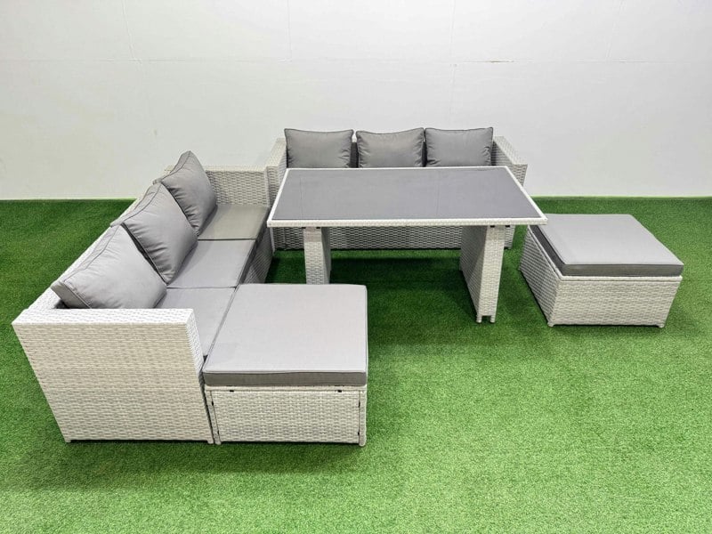 Fimous Rattan Garden Furniture Dining Set 8 seater Patio Rectangular Table Sofa Set with 2 Big Stools Light Grey