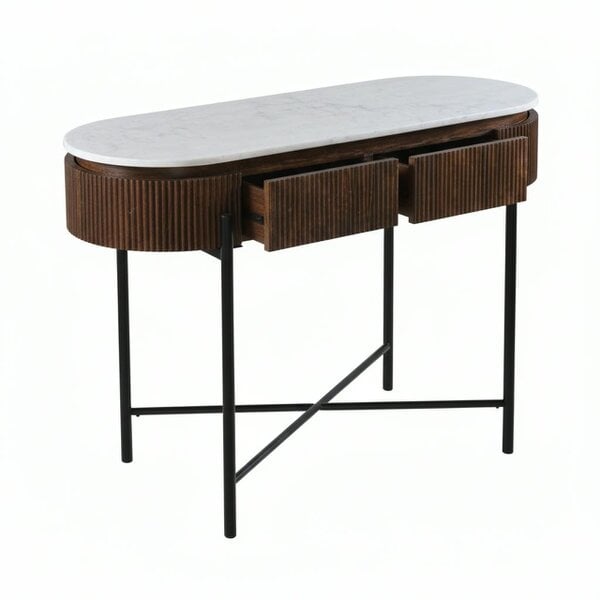 Wyld Haus Alabama Ribbed Mango Wood Console Table With Marble Top and Metal Legs