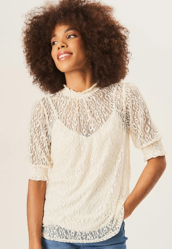 Gini London Cream High Neck Lace Loose Fit Blouse