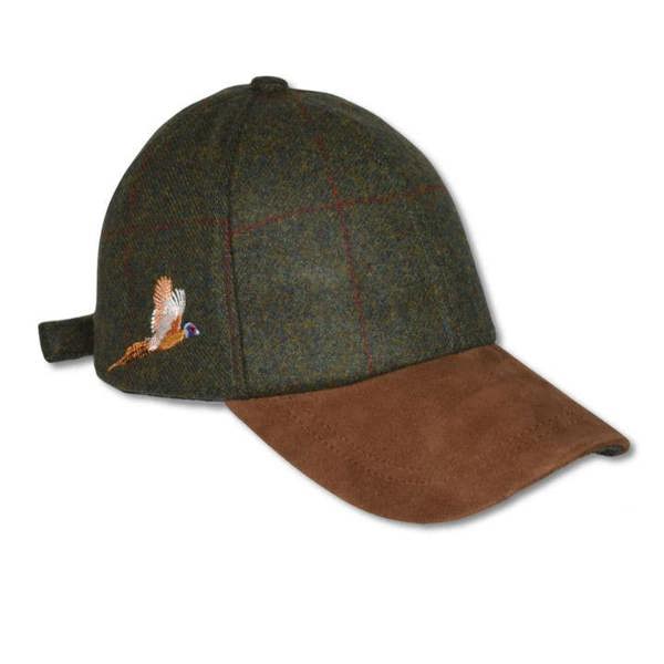 Green Tweed Baseball Cap with flying pheasant embroidery on the side perfect for countrysports