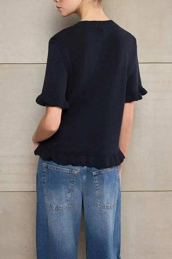 WOVCOR Flower Button Detail Crew Neck Knit Blouse