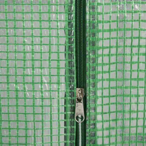 Close-up of zippered PE cover door on dark green greenhouse frame