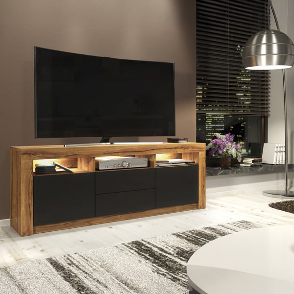 Mex Furniture Spacious 160cm TV Unit & Cabinet with Black Matt Doors and Free LED
