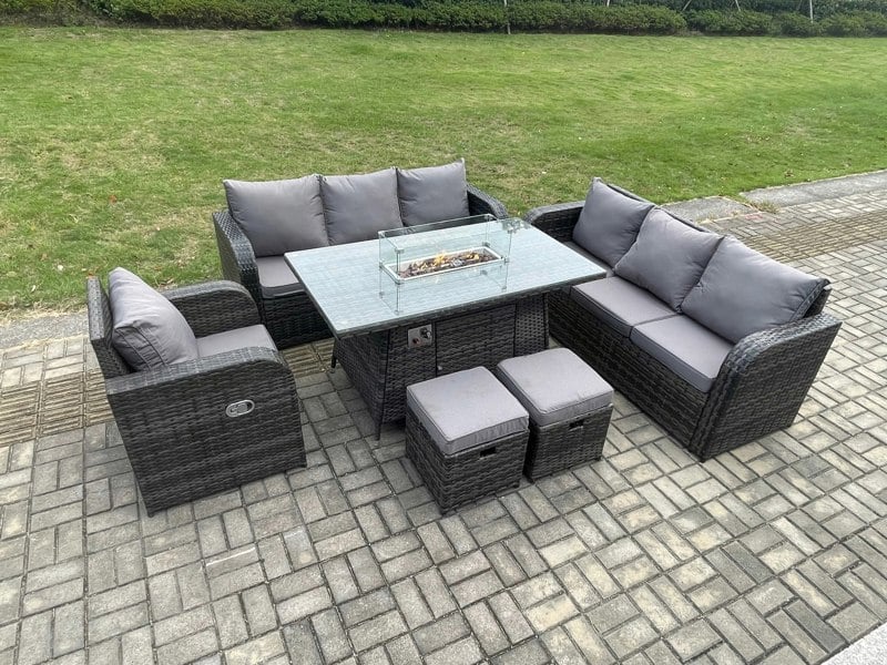 Fimous 9 Seater Wicker Rattan Garden Furniture Set Gas Fire Pit Dining Table Reclining Chair 3 Seater Sofa Set Indoor Outdoor with 2 Small Footstools